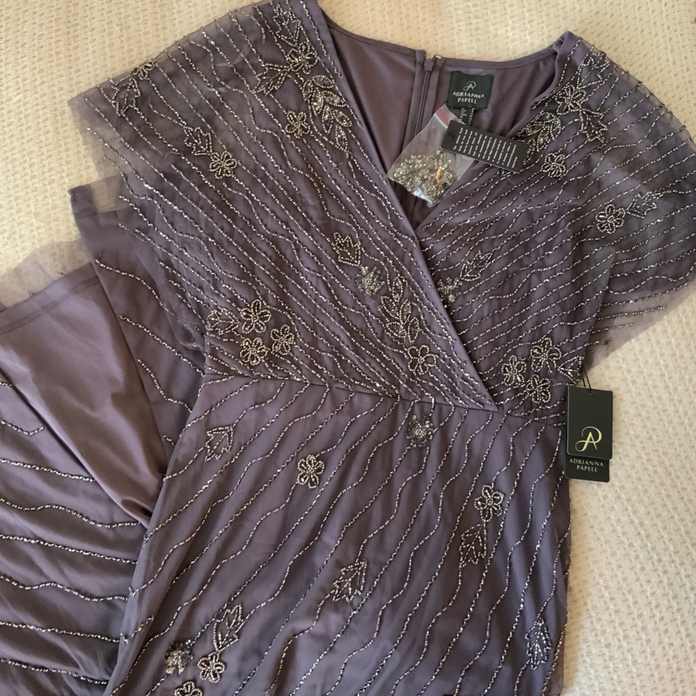 Adrianna Papell New With Tags Beaded Flutter Sleeve Evening Midi Dress Gown